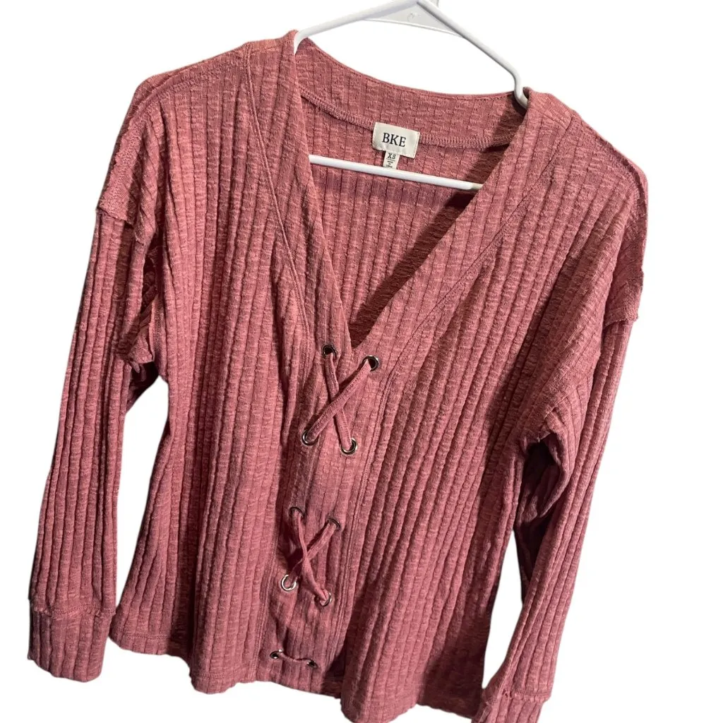 BKE Lace-Up Ribbed Knit Long Sleeve Top Womens XS Rose Pink - Image 2