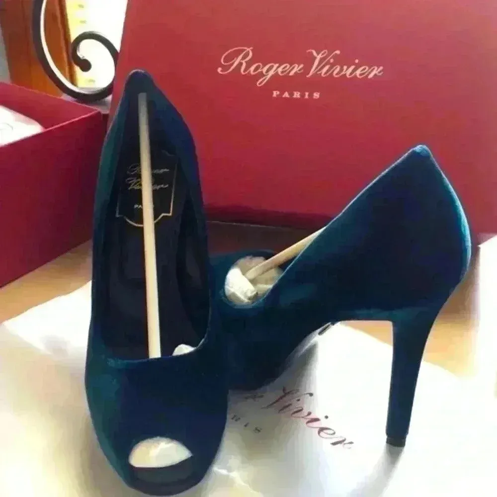 Roger Vivier Velvet Open Toe T.115 CFE Petrolio Blue Size undefined - Image 3