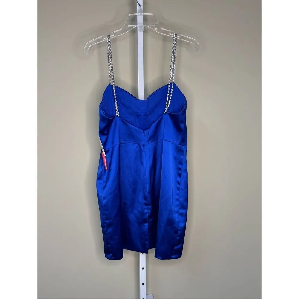 Mac Duggal NWT Rhinestone Strap Satin Mini Dress in Indigo Size 10 - Image 4