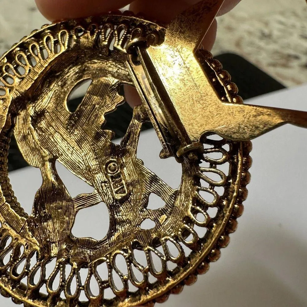 ART Signed Gold Tone Dual Brooch Pin Scarf Clip Greek Mythical Phoenix - Image 10