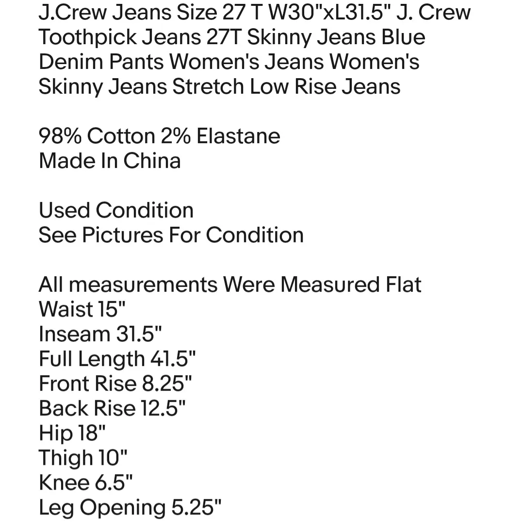 J.Crew Jeans Size 27 T W30"xL31.5" J. Crew Toothpick Jeans 27T Skinny Jeans Blue Denim Pants - Image 2