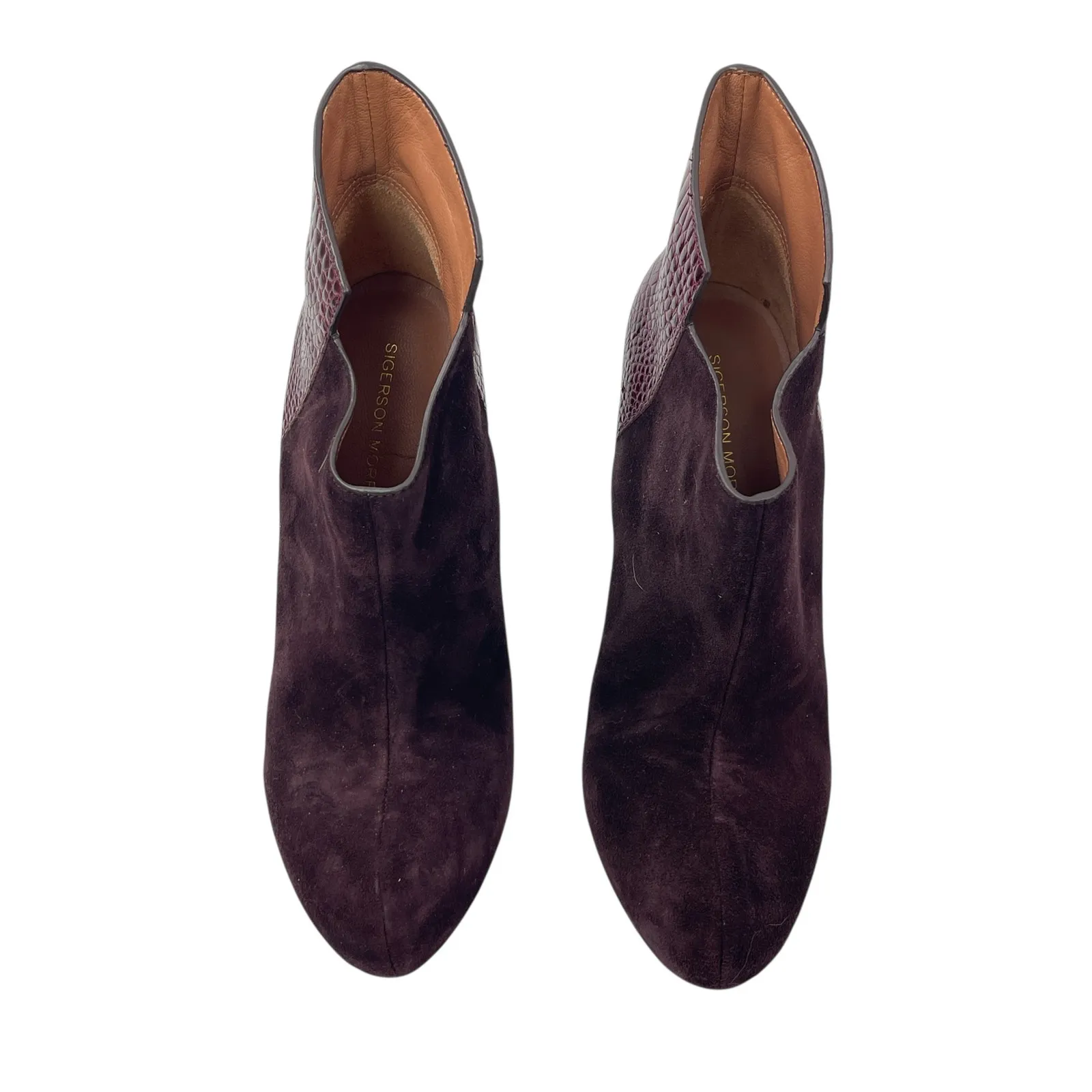 Sigerson Morrison Women's Burgundy Leather Gold Stiletto Heels Ankle Boots Sz 6 Brown - Image 2