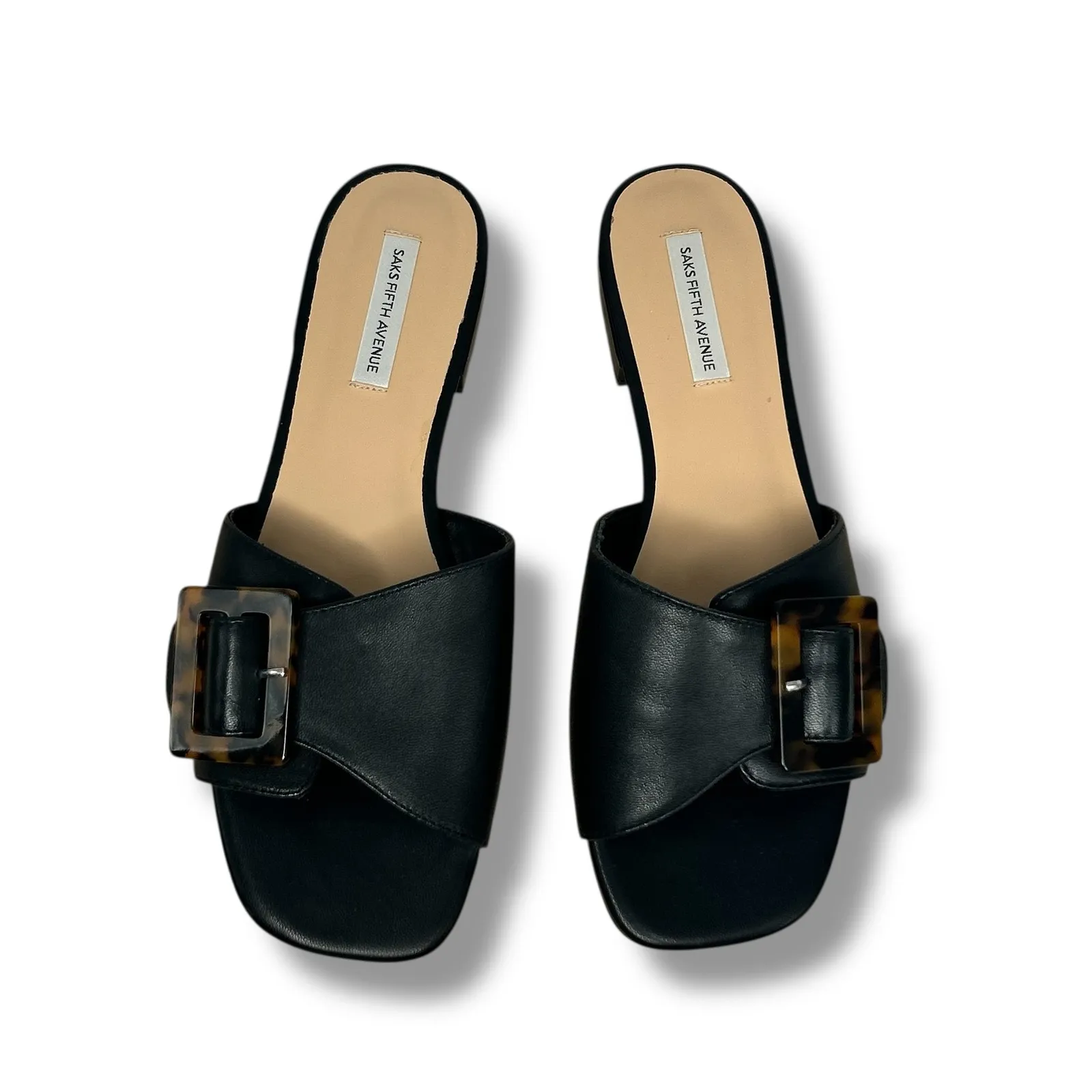 Saks Fifth Avenue Black Leather Flat Sandals Tortoise Buckle Size 8.5 - Image 2