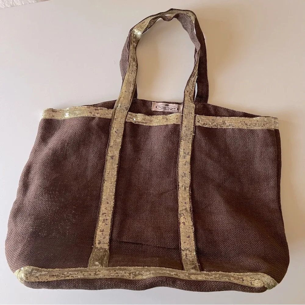 Muche et Muchette jute tote bag, chocolate brown and gold tone sequinns, NWOT - Image 7