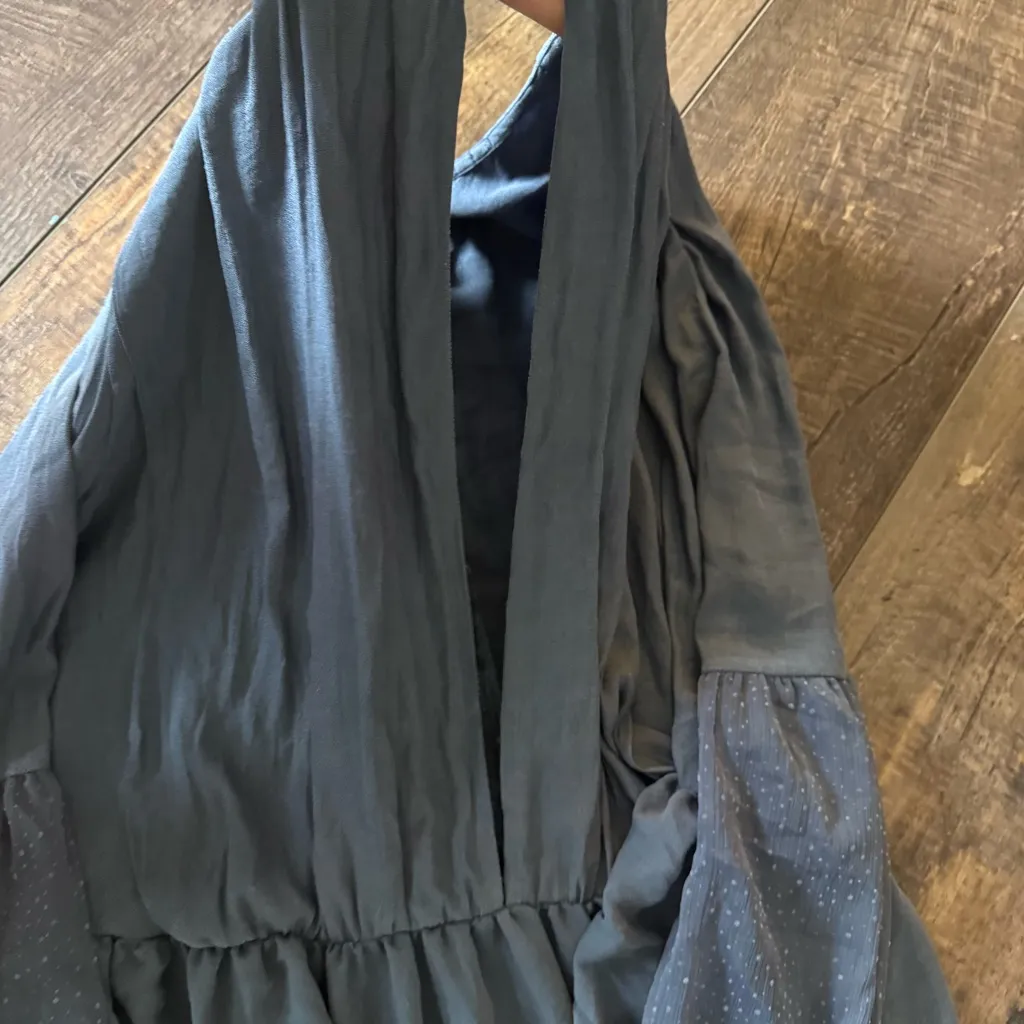 Free People Grayish Blue Boho Peplum Blouse Sheer Swiss Dot Sleeves Small - Image 6