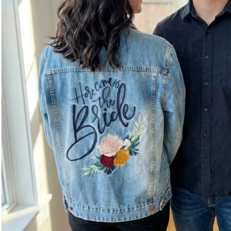 Three Two One Here Comes the Bride Floral Embroidered Denim Jean Jacket Sz Large Blue - Image 2