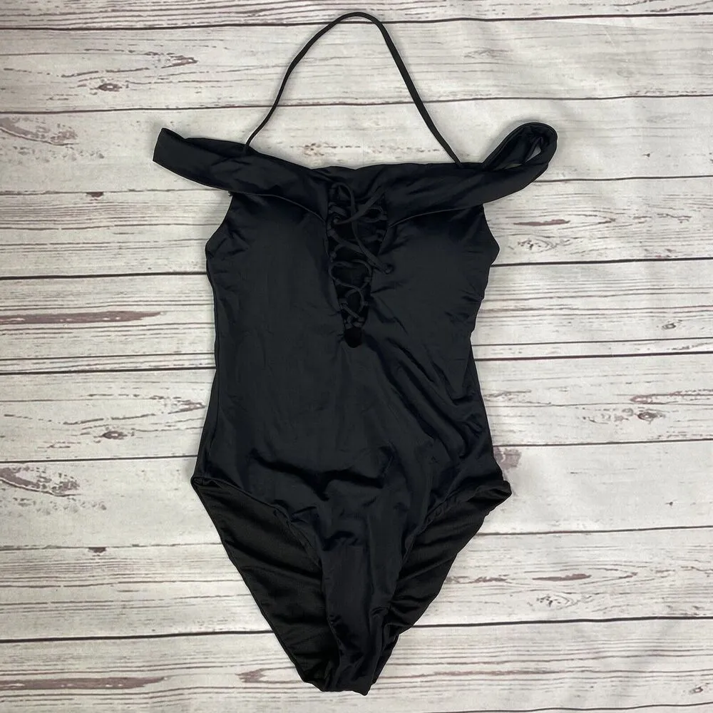 Bar III Solid Lace Up Off-The-Shoulder One-Piece Swimsuit Size M Black New - Image 4
