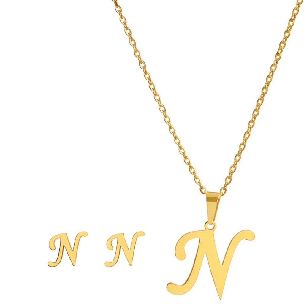 Gold Initial “N” Necklace & Stud Earring Set Stainless Steel Letter Jewelry NEW - Image 2