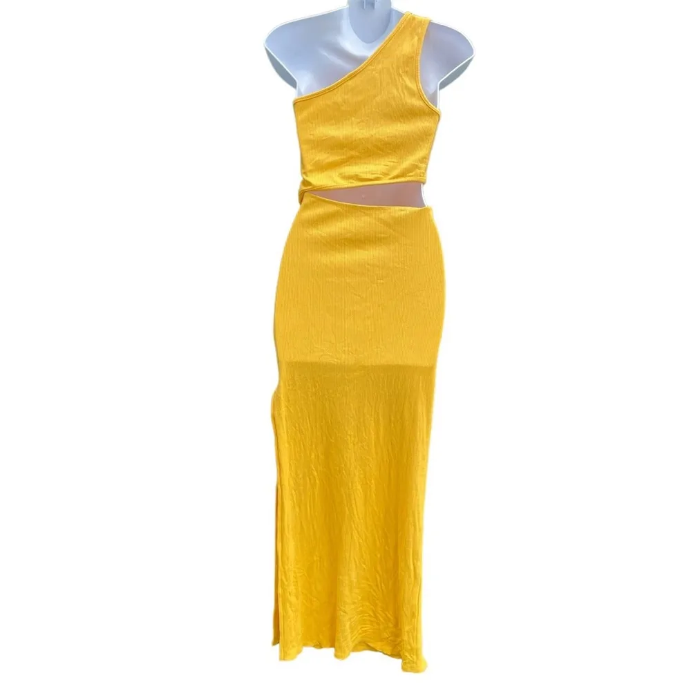 Spice Things Up Yellow Ribbed One-Shoulder Cutout Midi Dress - Image 3
