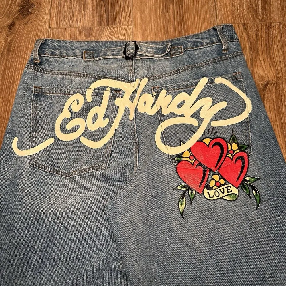 Ed Hardy Wide Leg Jeans 32 Hearts & Dagger Love Retro Y2K Back Buckle WEHD8500-4 - Image 3