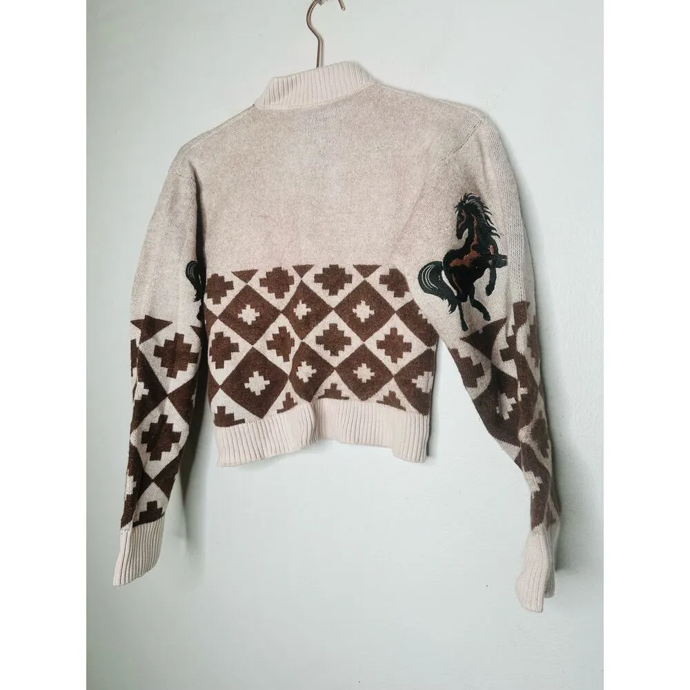 AUTUMN ADEIGBO Brown Horse Printed 100% Virgin Wool Marla Turtleneck Top Small - Image 9