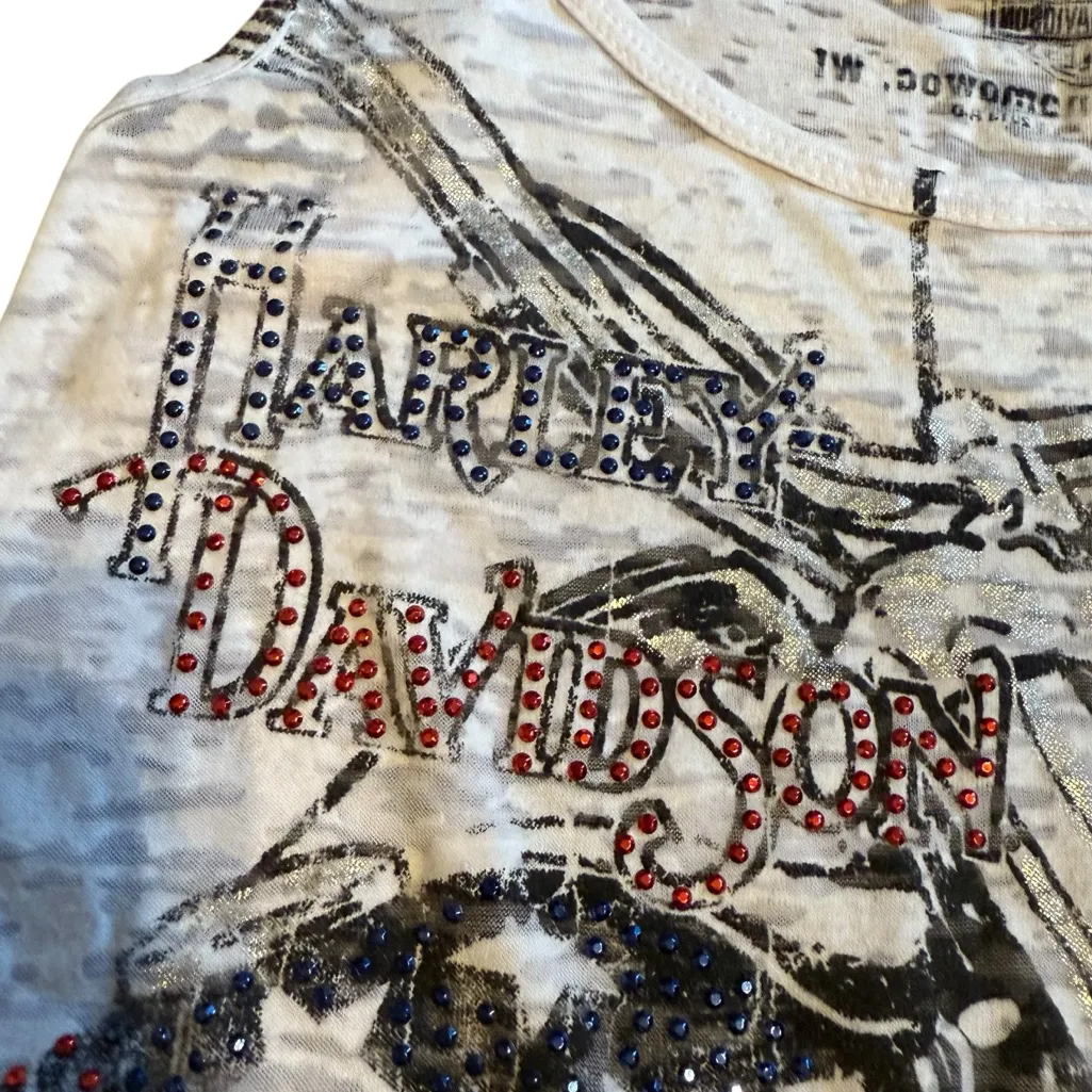 Harley Davidson Size S‎ Studded Burnout Tank Top Red White Blue Americana Biker - Image 2