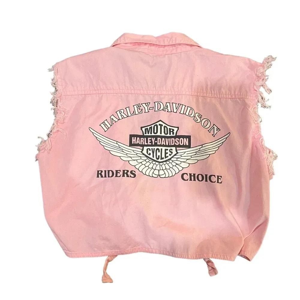 Thunder Pink Harley Davidson Tie Front Sleeveless Cropped Button-Up Womens Large - Image 3