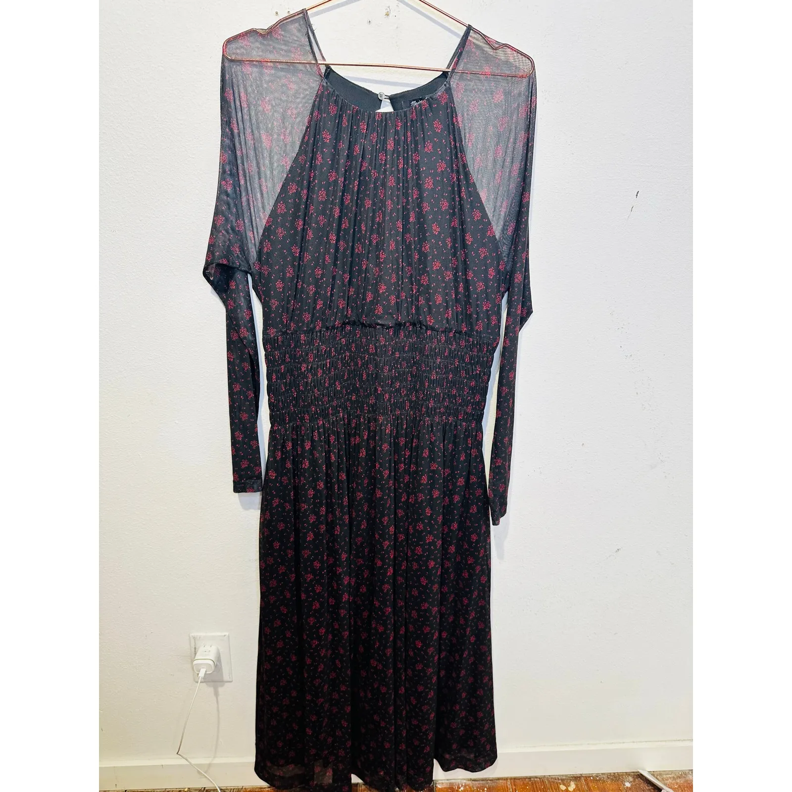 MADEWELL Black Red Smocked Midi Floral Print Sheer Lined Dress size XXL - Image 3