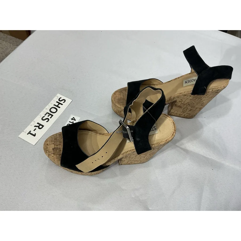 Womans Steve Madden Jess Cork Wedge Sandals 5.5 M Black Strappy Open Toe Straps - Image 3