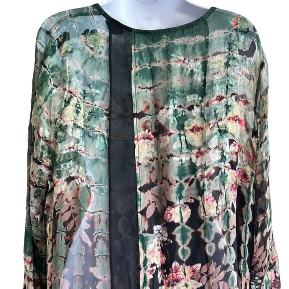 CITRON Santa Monica‎ tie dye floral embossed logenlook open front cardigan 1X Green - Image 7