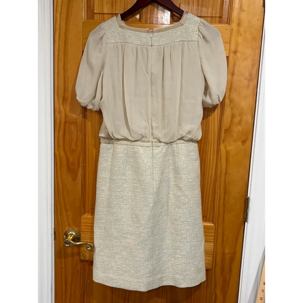 Paul Stuart Silk Chiffon & Tweed Dress Beige Cream Puff Sleeve Size S - Image 9