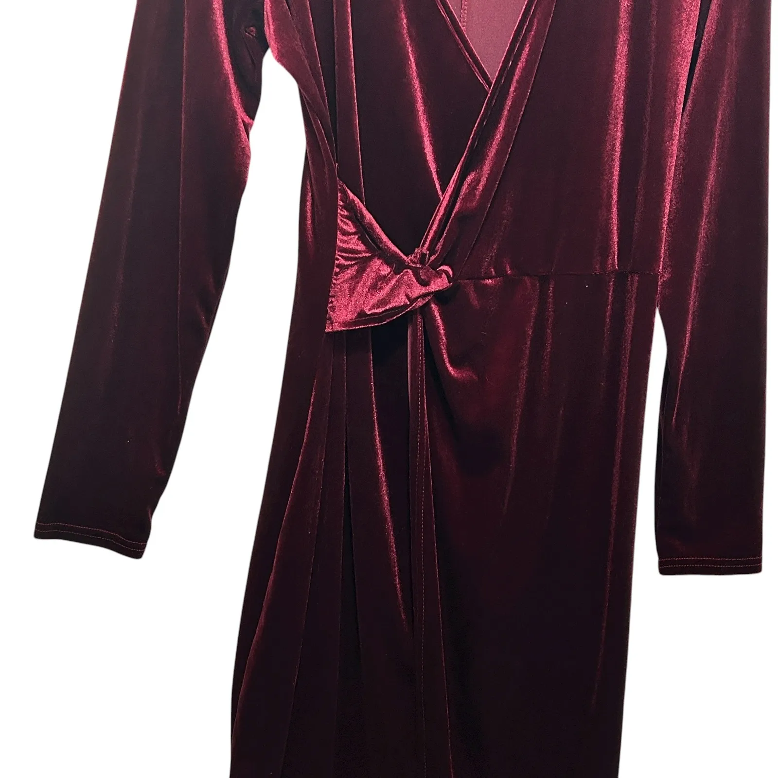 Nashalyly Women Velvet Wrap Dress M Burgundy Long Sleeve Front Slit Luxe Holiday Red Size L - Image 4