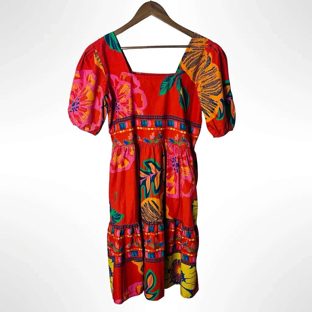 Maude Vivante Aria Dress Medium Red Floral Puff Sleeves Colorful Vacation Resort - Image 8