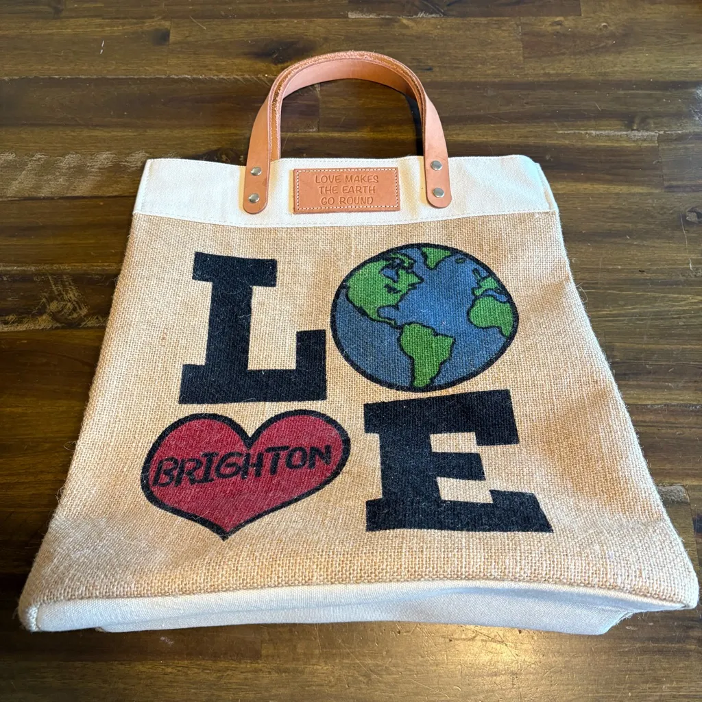 Brighton LEATHER Love Makes The Earth Go Round Jute CanvasTote Shopping Bag Eco - Image 2