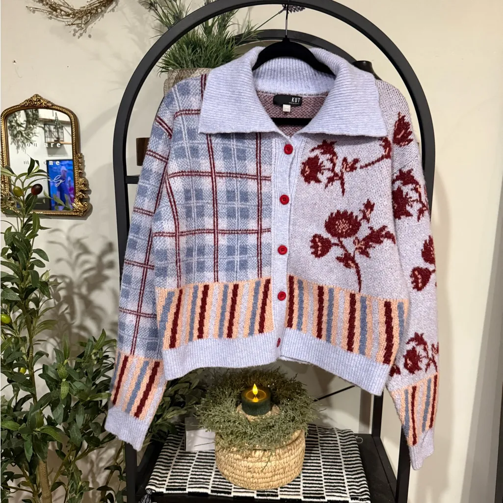 KUT From The Kloth Patchwork Knit Cardigan – Size L - Image 4