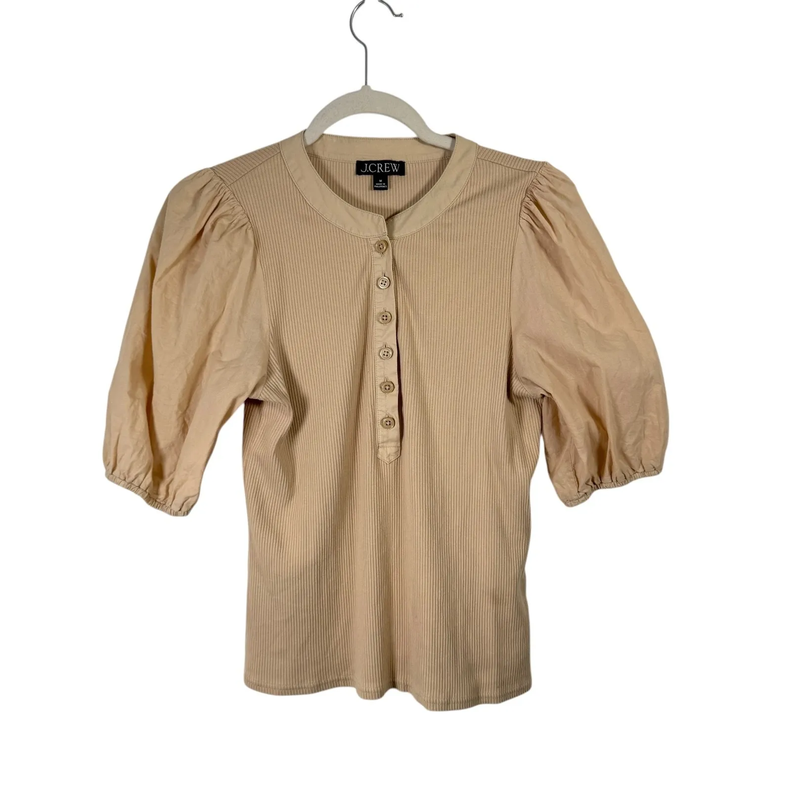 J Crew Vintage Rib Puff Sleeve Henley Top Beige Preppy Office Womens Medium - Image 2