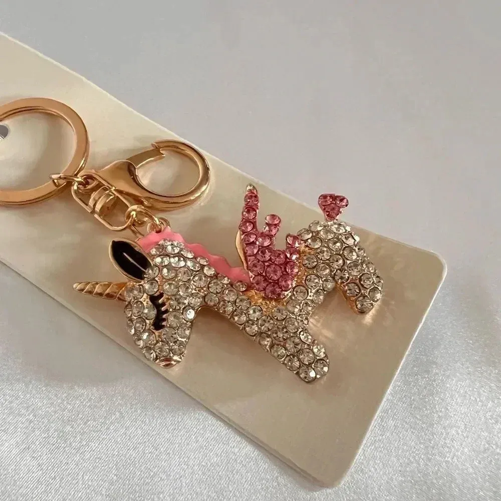 Unicorn Bag And Key Chain Charm Pink Clear Crystal Rhinestone Gold Tone Hardware - Image 4