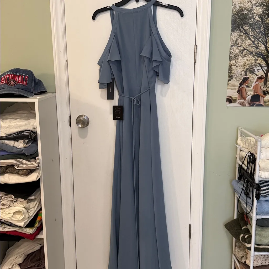 NWT Lulu's Easy Listening Slate Blue Cold-Shoulder Wrap Maxi Dress - Image 12