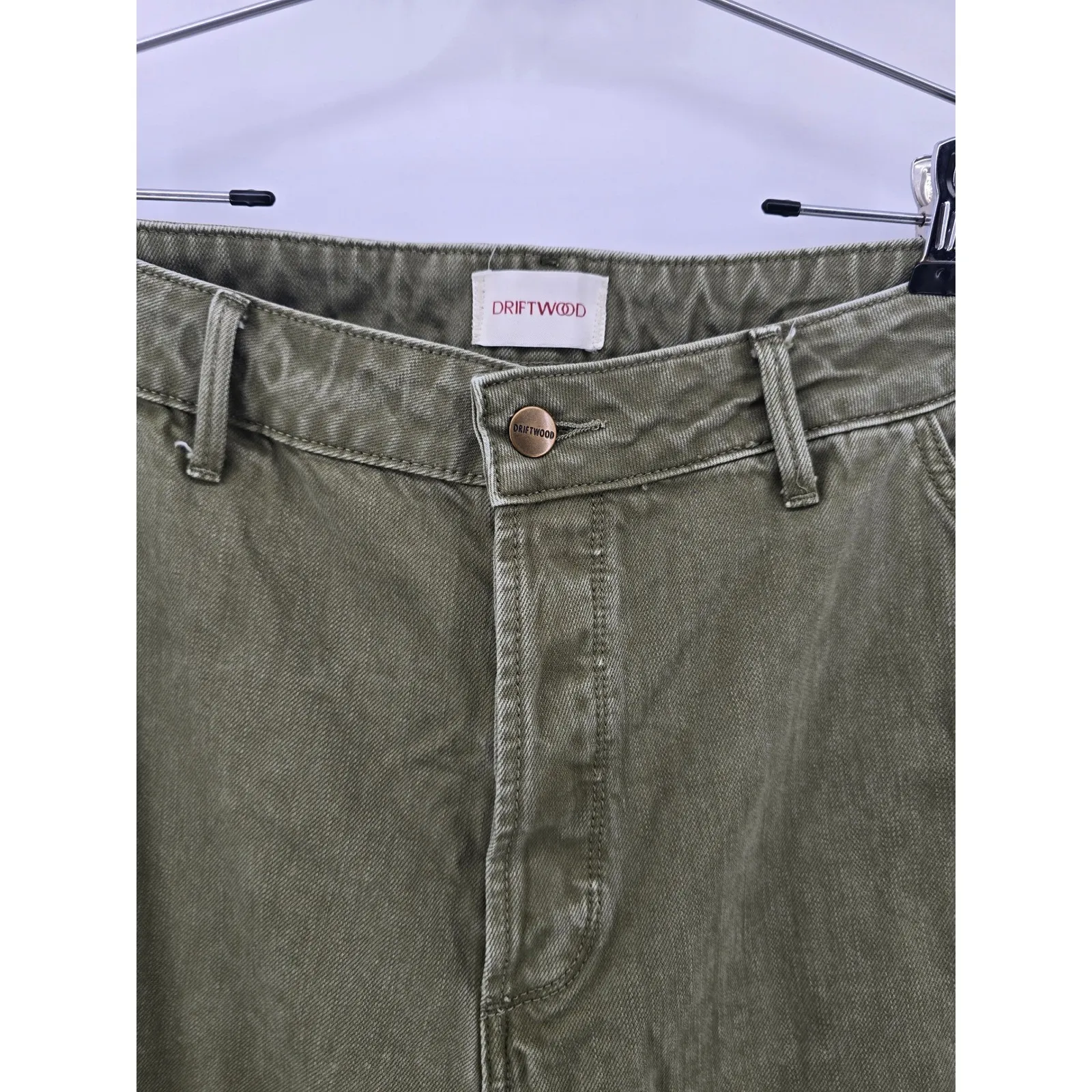 Driftwood Barbara Olive Green Embroidered Cropped Barrel Jeans Pants Size 31 - Image 4