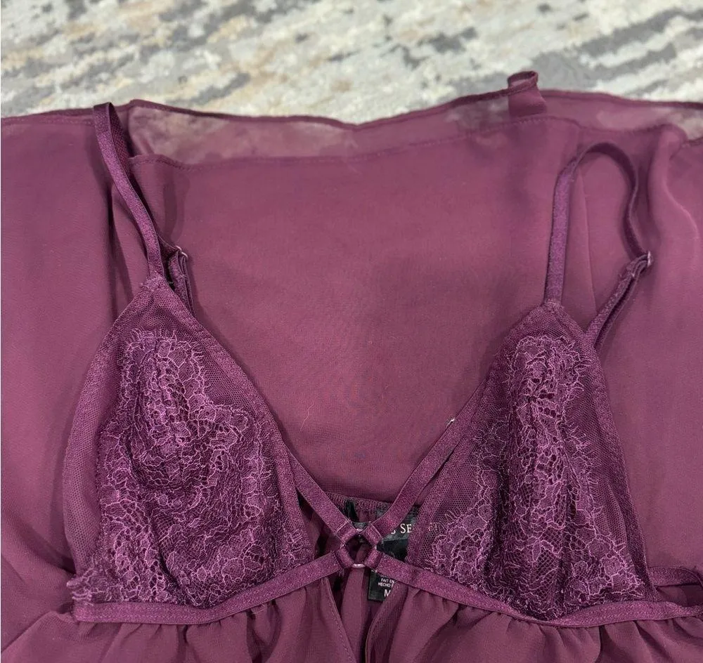 Sheer Chiffon & Lace Babydoll Maroon Dress - Image 5