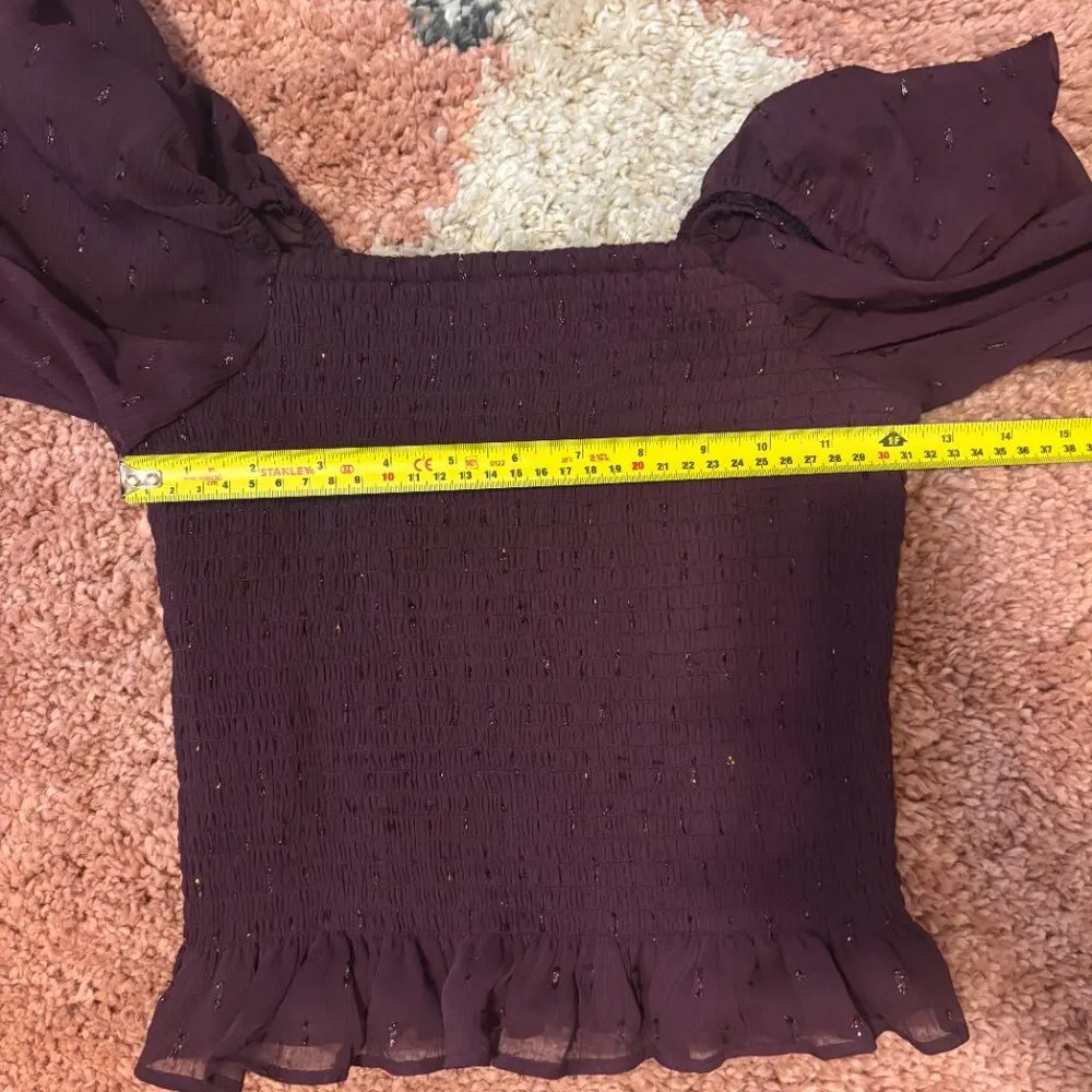 NWT $68 EXPRESS Smocked Top Sheer Burgundy Puff Sleeves w/ Shoulder Pads Sz XS - Image 7