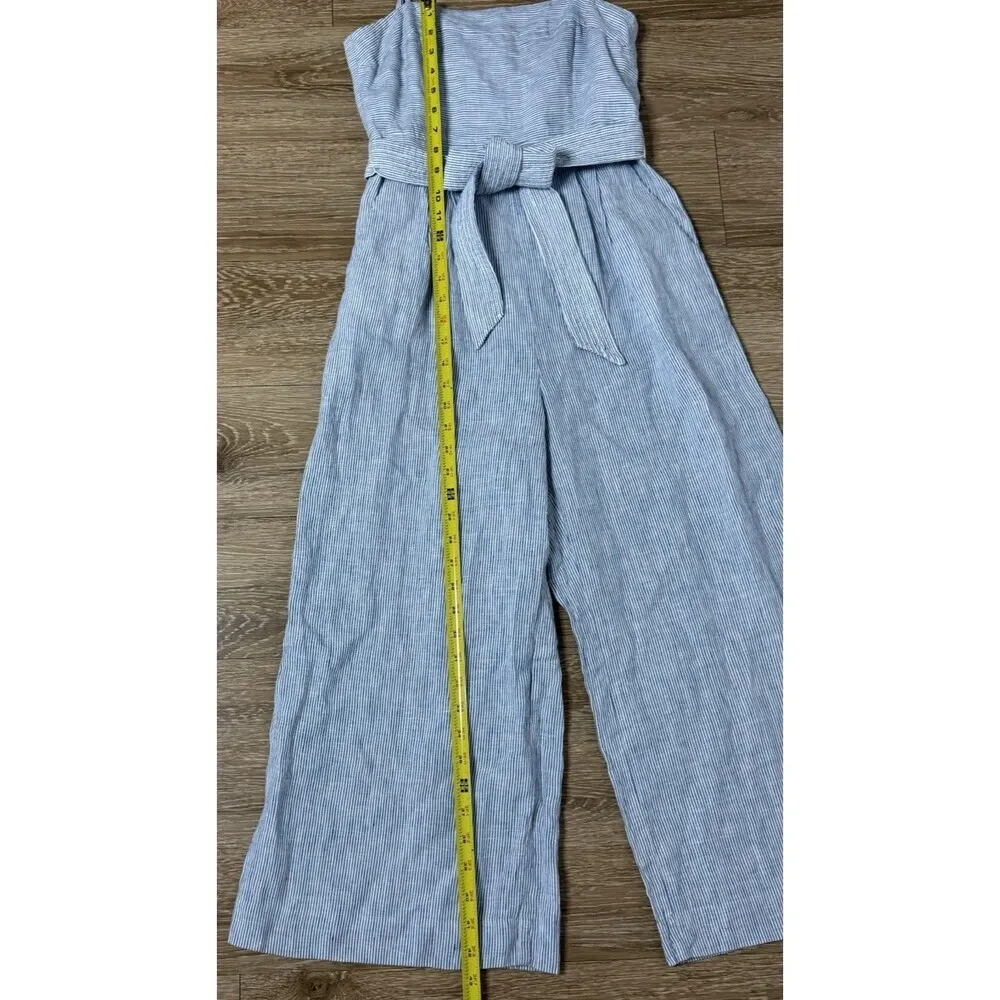 J. Crew 100% LINEN Women’s Blue White Striped Wide Leg Jumpsuit Preppy Size 0 - Image 8
