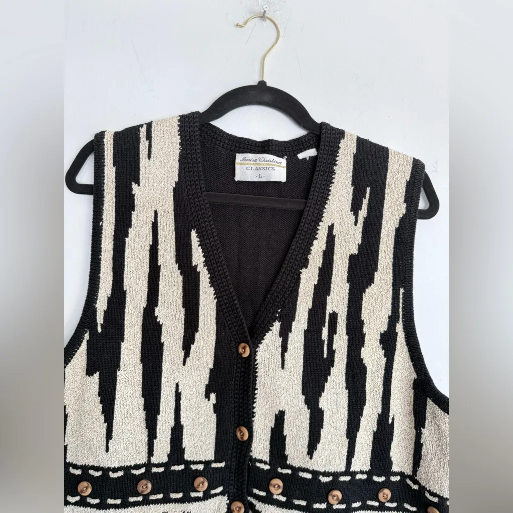 Vintage 90s Marisa Christina Ramie Cotton Knit Animal Print Button Up Vest Large Black - Image 4