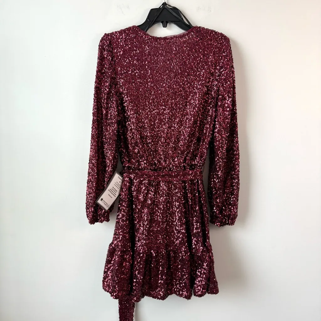 Betsy & Adam Sequins Long Sleeve Belted Mini Dress Sangria Red 10 - Image 9