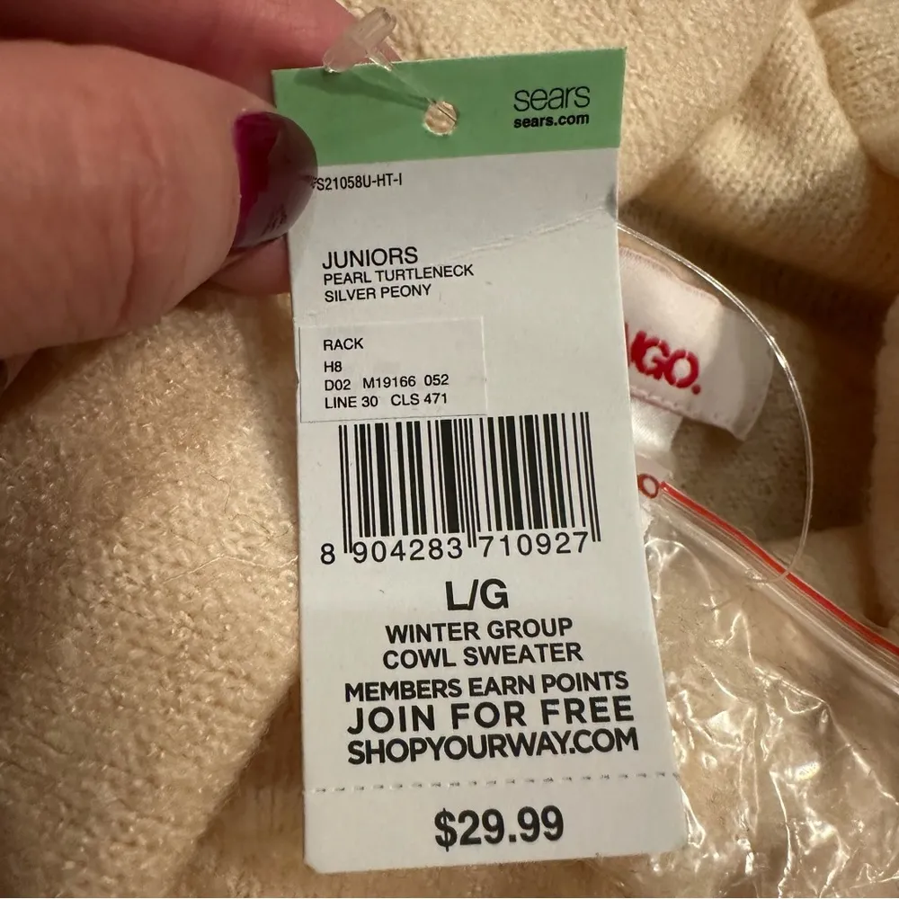 NEW Bongo Cropped Sweater L Blush Pink Faux Pearl Cowl Neck Cozy Pullover Y2K - Image 4