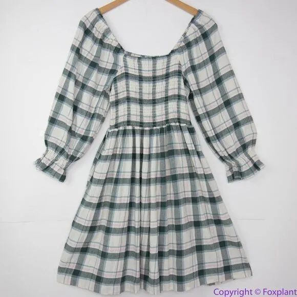 NEW Madewell Lucie Elbow-Sleeve Smocked Mini‎ Dress in Lebaum Plaid, M - Image 4