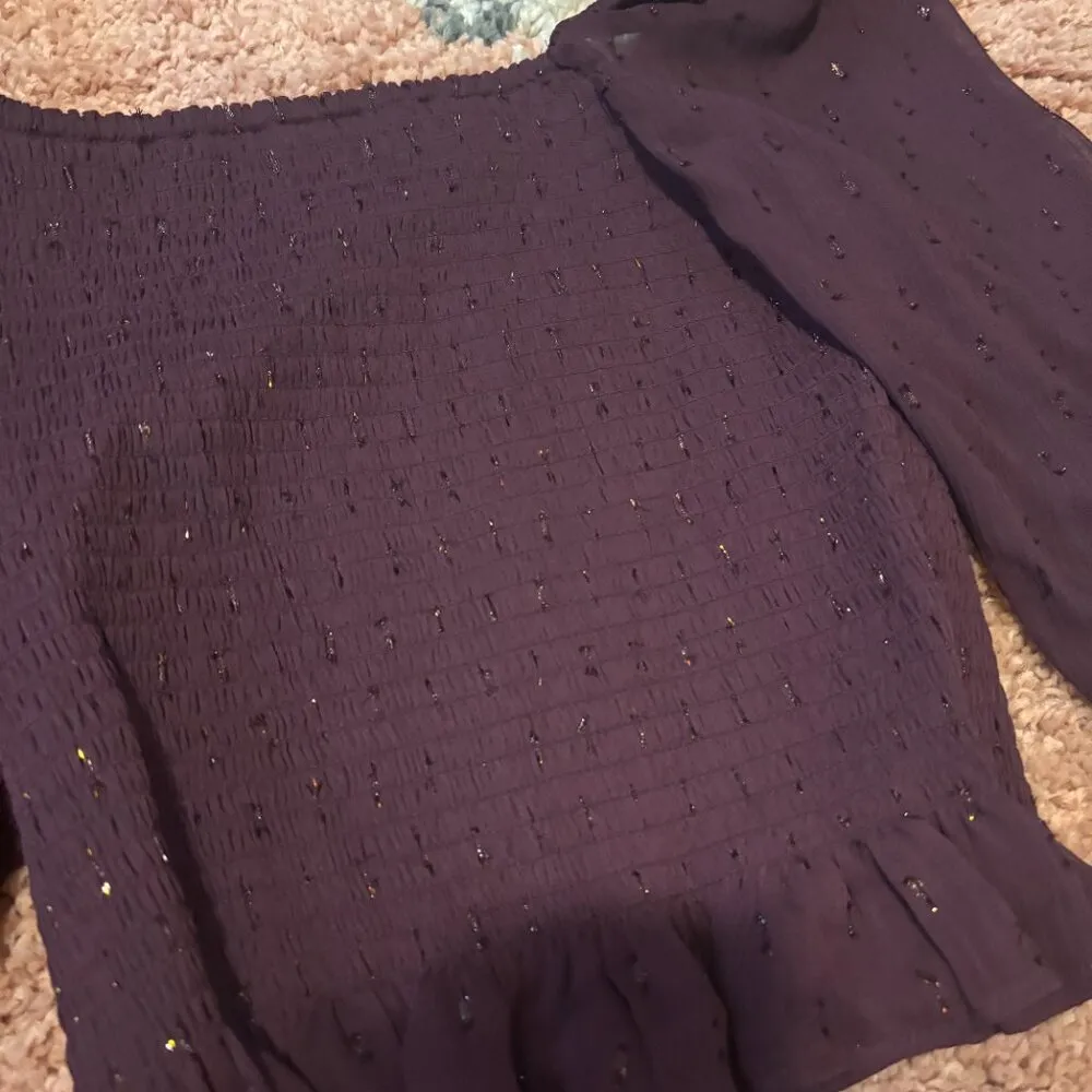 NWT $68 EXPRESS Smocked Top Sheer Burgundy Puff Sleeves w/ Shoulder Pads Sz XS - Image 2