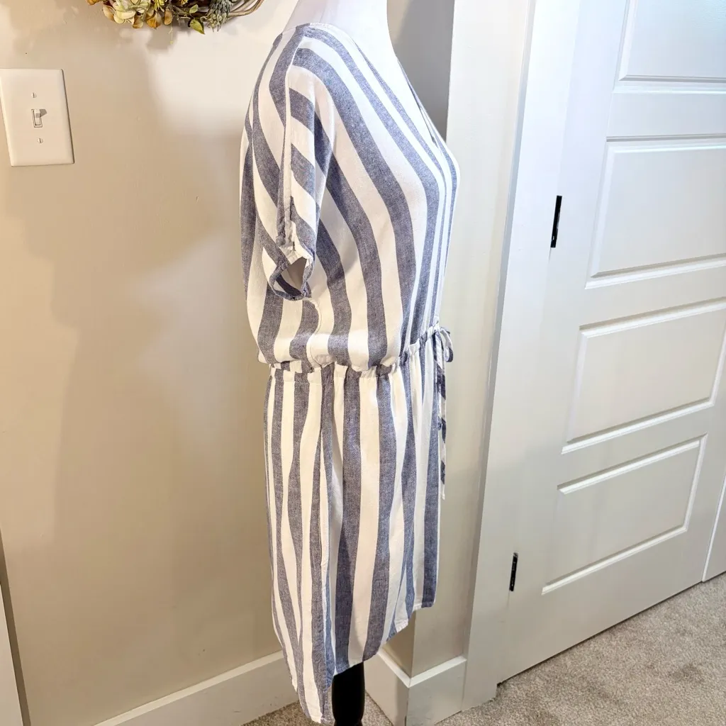 RAILS Wren Seattle Stripe Linen Blend Blue White V-Neck Cinch Waist Dress ~S💛 - Image 5