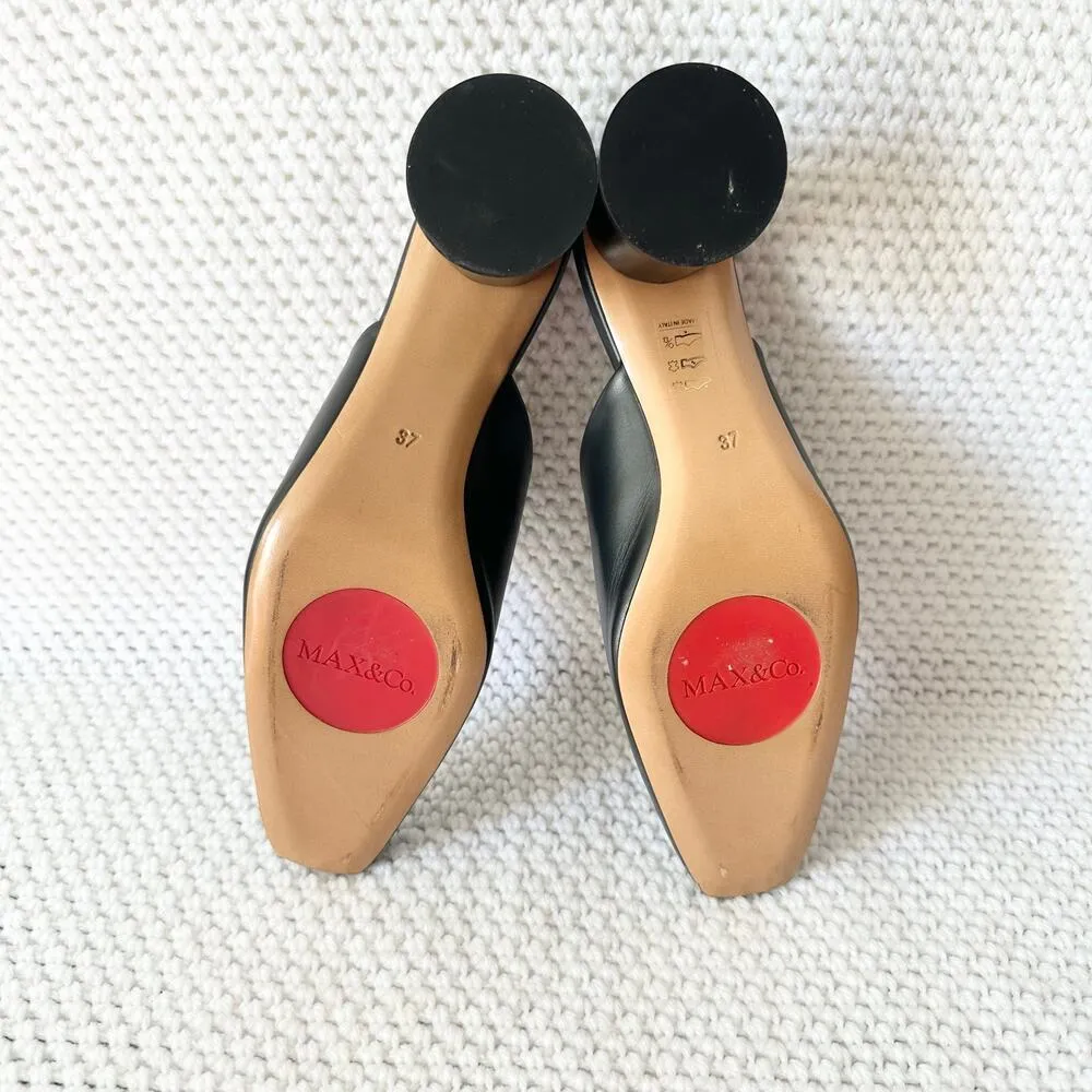 Max & Co. NIB Black Leather Acromino Square Pointed Toe Round Block Heel Mules 7 - Image 10