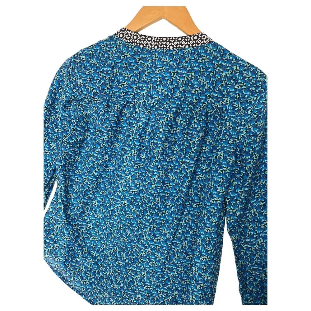 J Crew Top Womens 00 Silk Blend Ditsy Floral Keyhole Tie Neck Contrast Blue - Image 9
