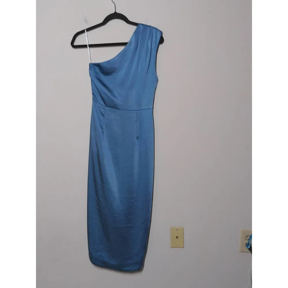 ELLIATT Cassini One Shoulder Party Dress Blue Ruched Drape Lined Midi Slit Zip S - Image 5