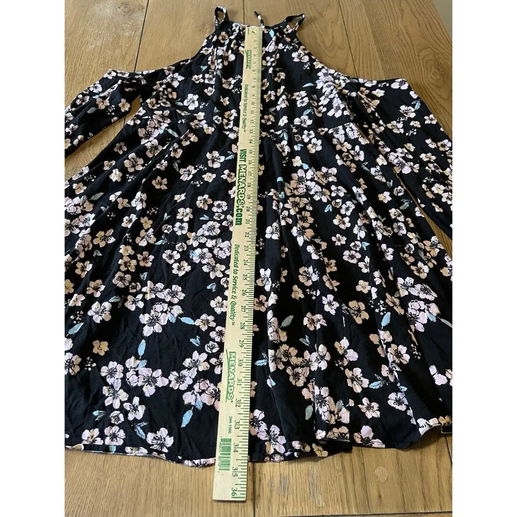 TORRID Cold Shoulder Floral Sun Dress Size 1‎ Black Pink Long Sleeve Flare Beach - Image 6