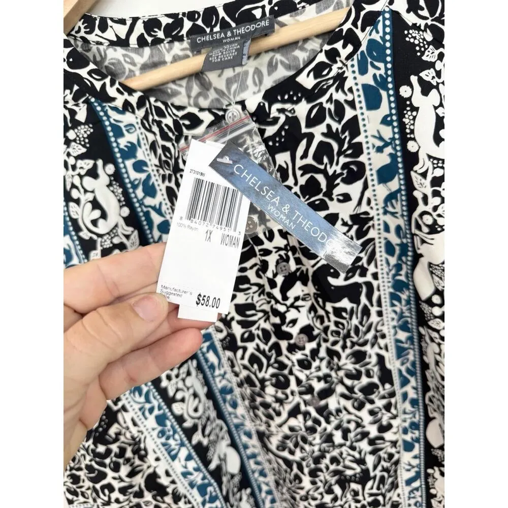 Chelsea & Theodore Womens Size 1X Black White Blue Fox Deer Print Boho Blouse - Image 7