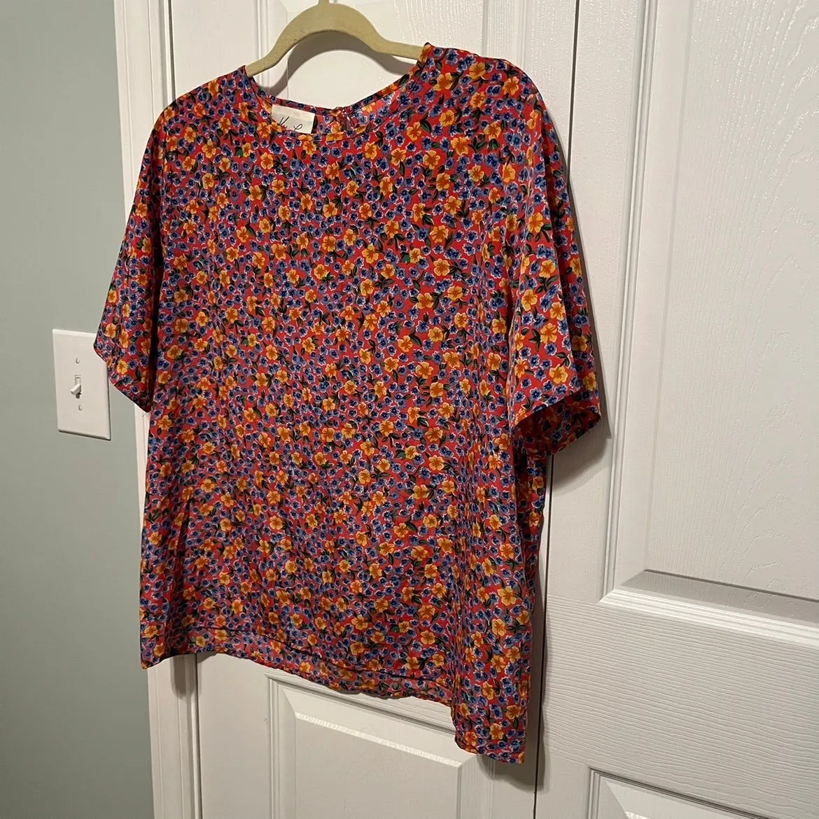 KATHIE LEE Womens Size 16 Pink Blue Spring Floral Short Sleeve Top Blouse - Image 9