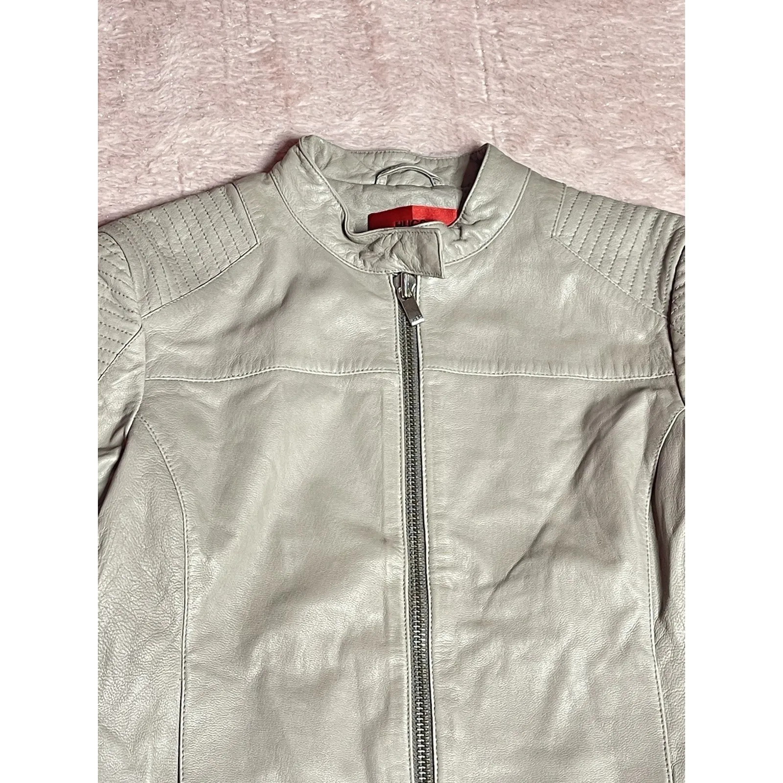 Hugo Boss Leather Jacket Women's Size Small Beige Full Zip Top Biker Style READ - Image 3