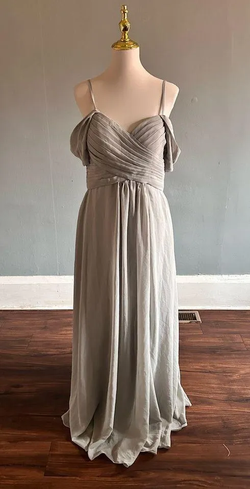 Grey Cold Shoulder Pleated Chiffon Bridesmaid/Prom Dress | Size: 10 w/ Big Cups - Image 2