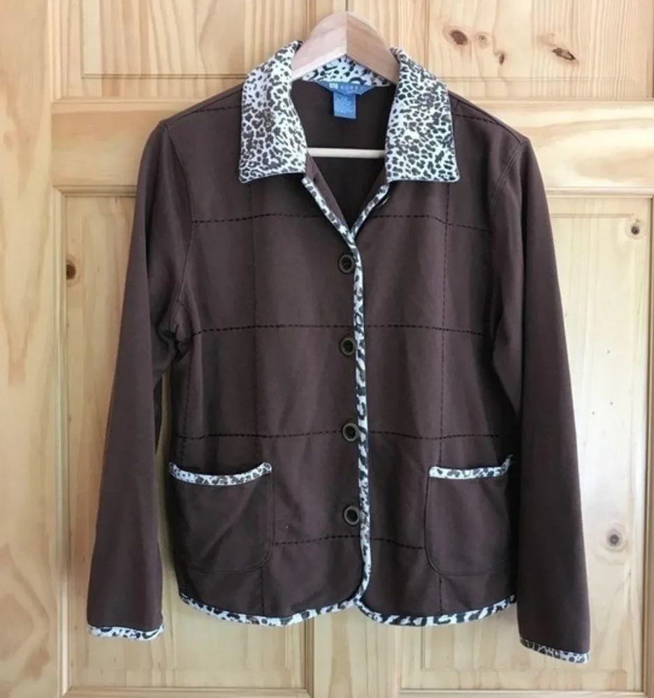 KORET snow leopard animal print trimmed jacket petite size MP - Image 6