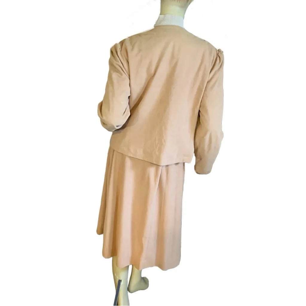 VINTAGE 1980'S P.H.M. SPORTSWEAR CAMEL FAUX SUEDE FEEL SKIRT SUIT (16) Tan - Image 5