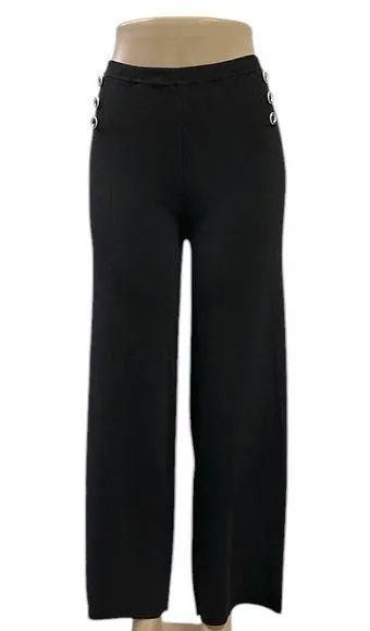 Cyrus Black Knit High Rise Wide Leg Button Accent Pull On Pants Viscose Large - Image 1