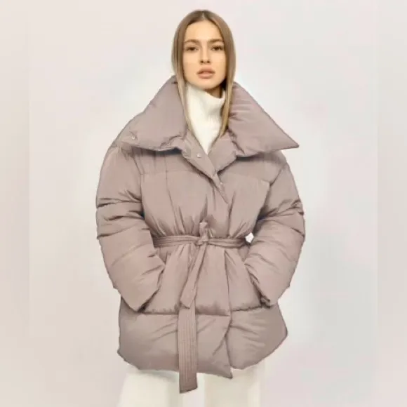 Taupe tie belt belted puffer jacket coat - Image 4